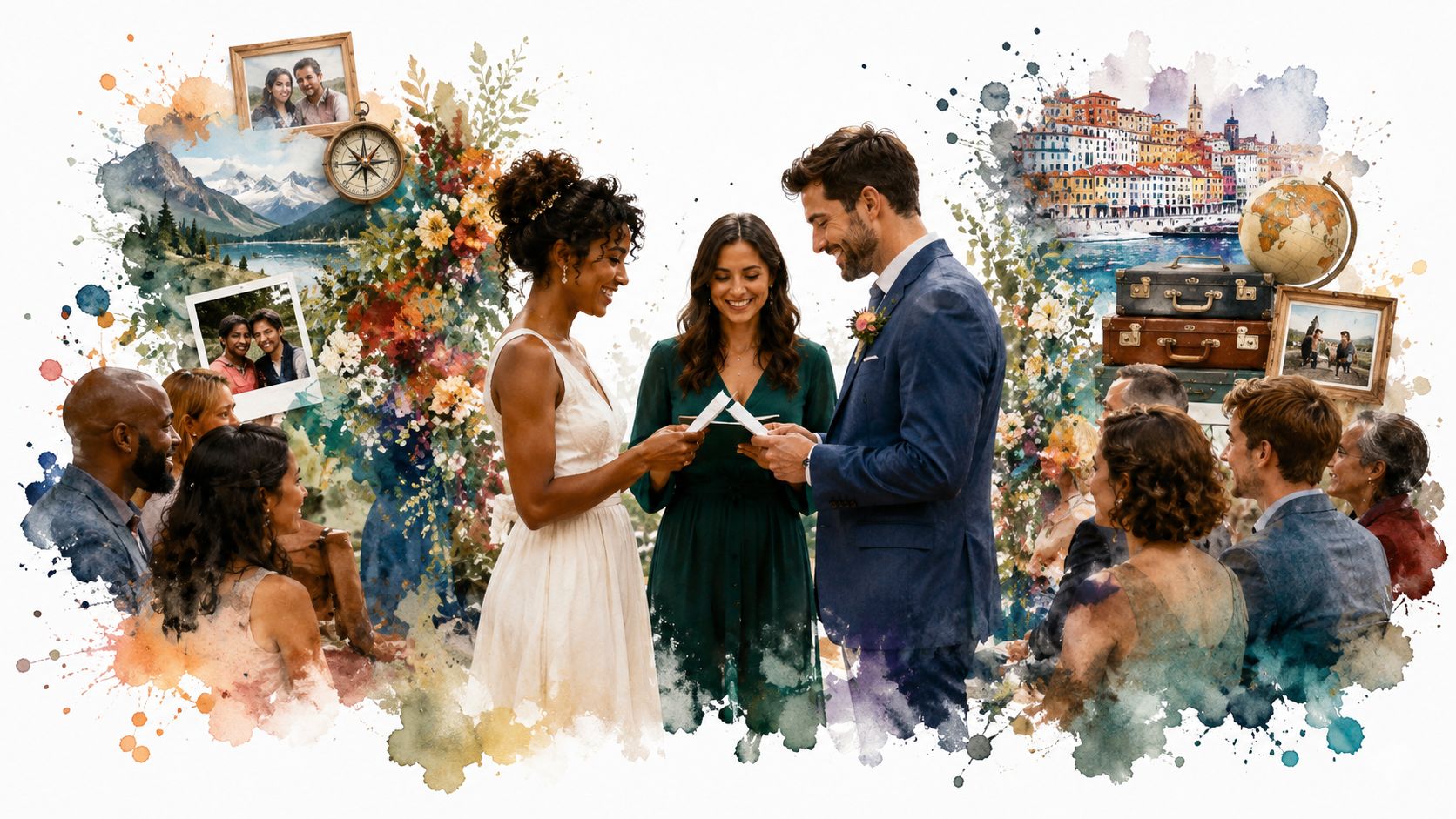 A bride and groom exchange vows during a beautiful, artistic outdoor humanist wedding ceremony with guests nearby.