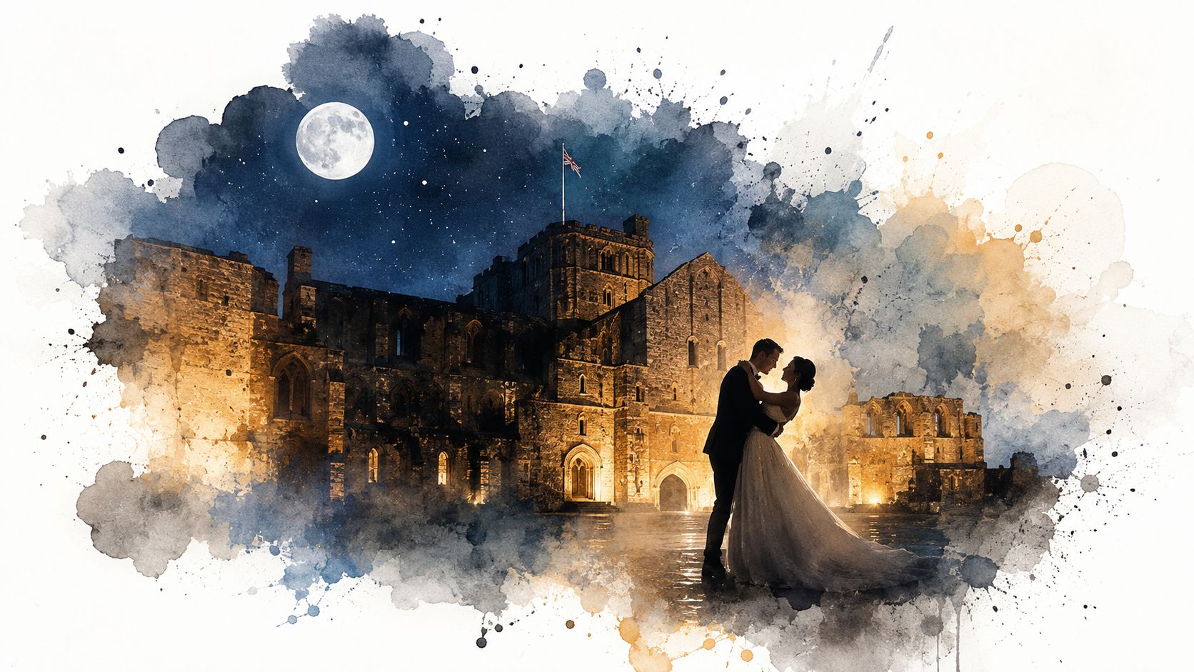 A newlywed couple embracing in front of a majestic, illuminated stone castle at night under a full moon.