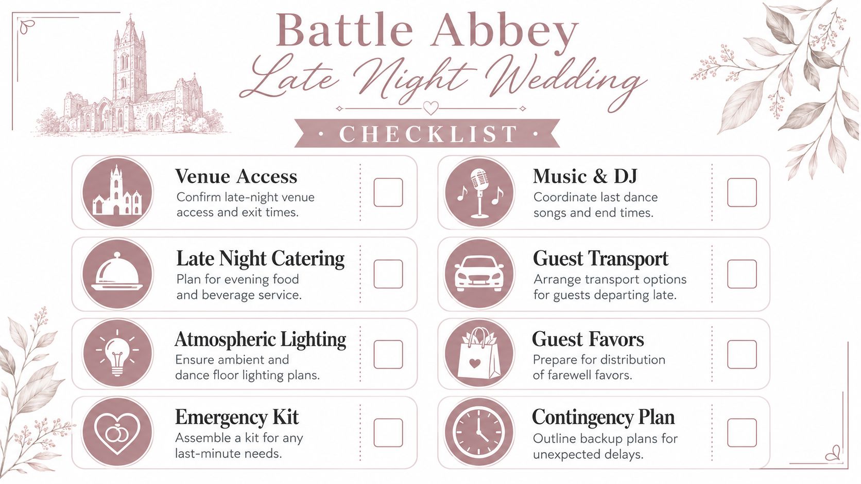 A wedding checklist for Battle Abbey featuring eight essential planning tasks for a late night reception.