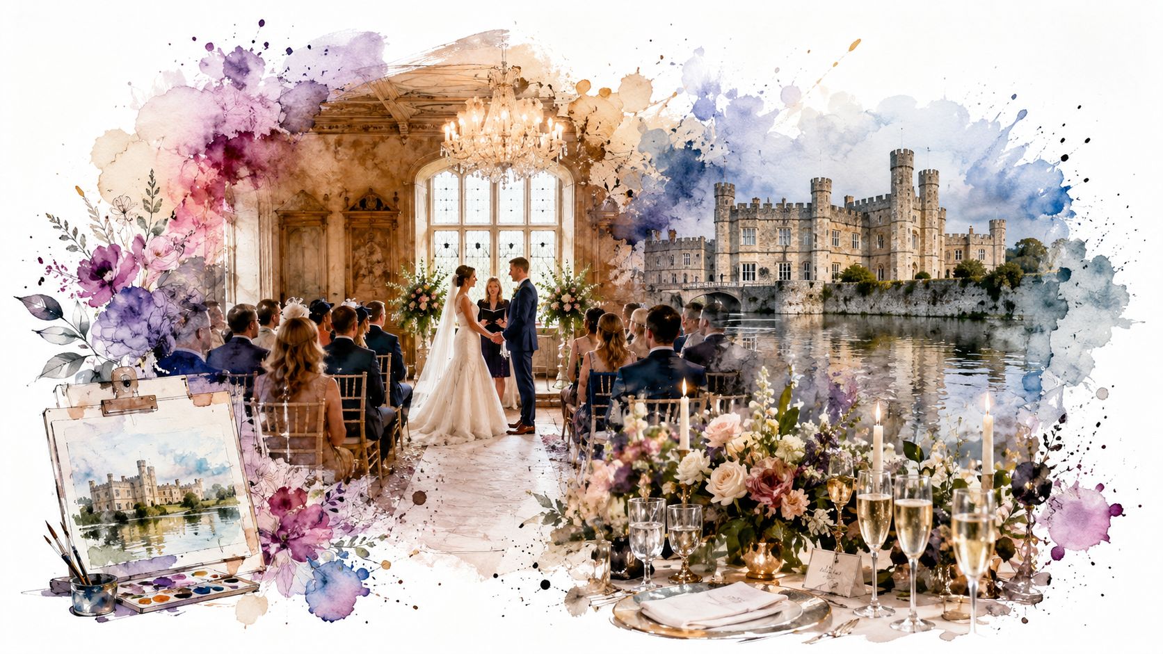 A artistic wedding scene blending a romantic ceremony inside a hall with an exterior view of Leeds Castle.