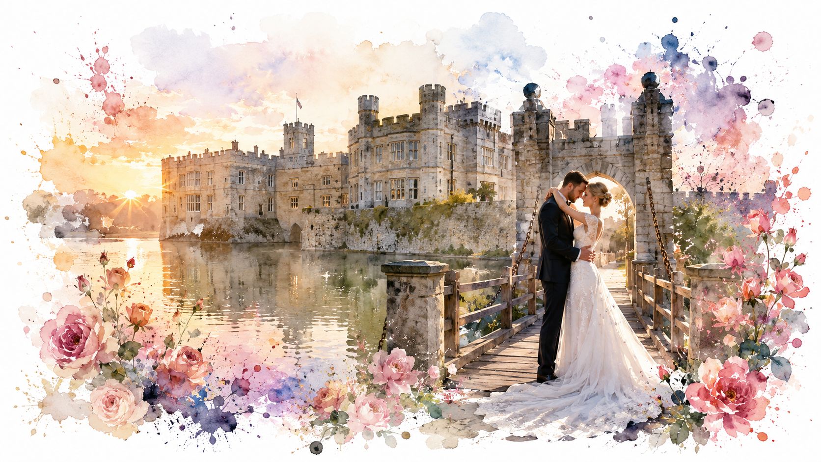 A bride and groom standing on a wooden bridge in front of the historic Leeds Castle at sunset.
