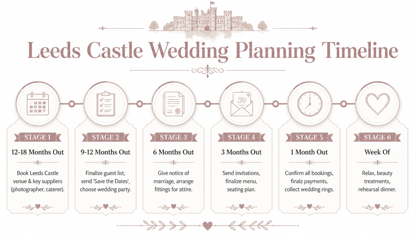 A wedding planning timeline graphic for Leeds Castle detailing six stages from twelve months before to the wedding week.