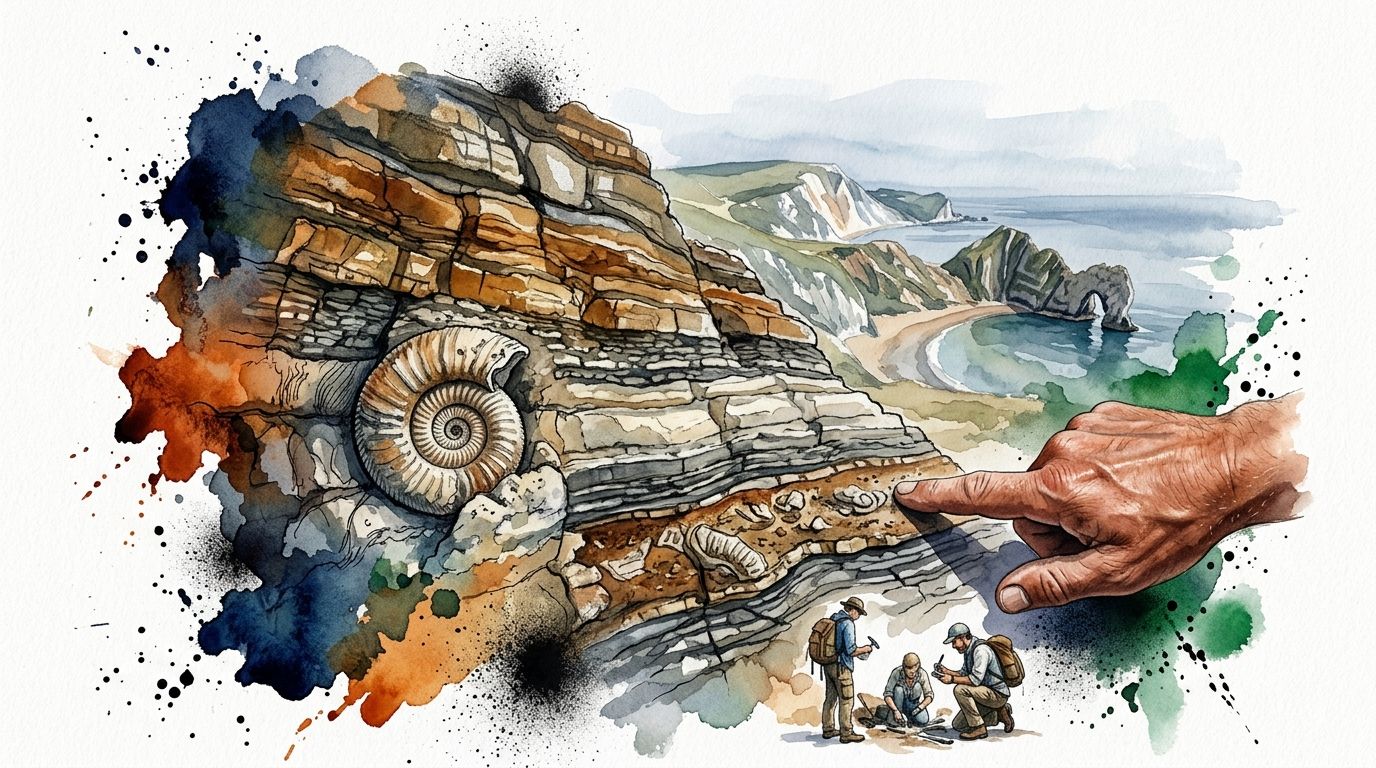 A watercolor illustration of Lulworth Cove and Durdle Door with fossils embedded in the cliffs and researchers.