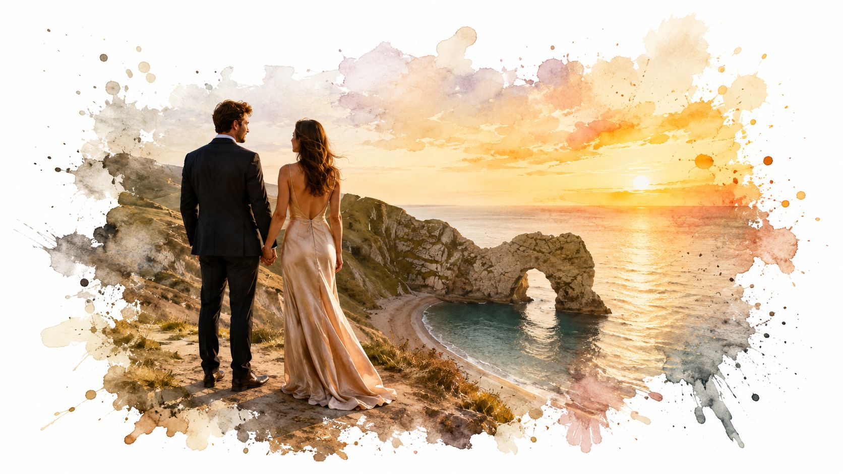 A romantic couple standing on a cliff overlooking Durdle Door during a beautiful golden sunset.