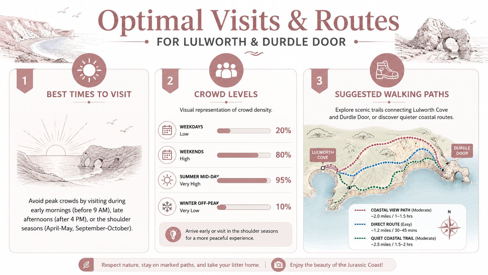 An infographic showing tips for visiting Lulworth Cove and Durdle Door, including peak times and walking paths.