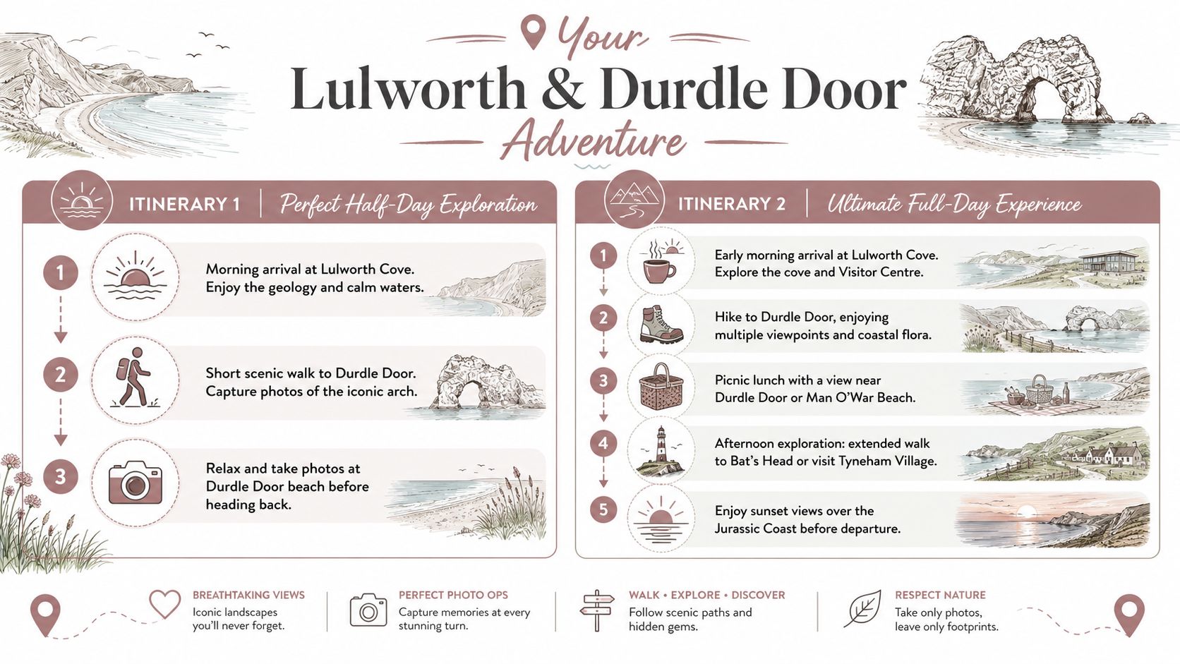 An infographic showing two travel itineraries for exploring Lulworth Cove and the famous Durdle Door stone arch.