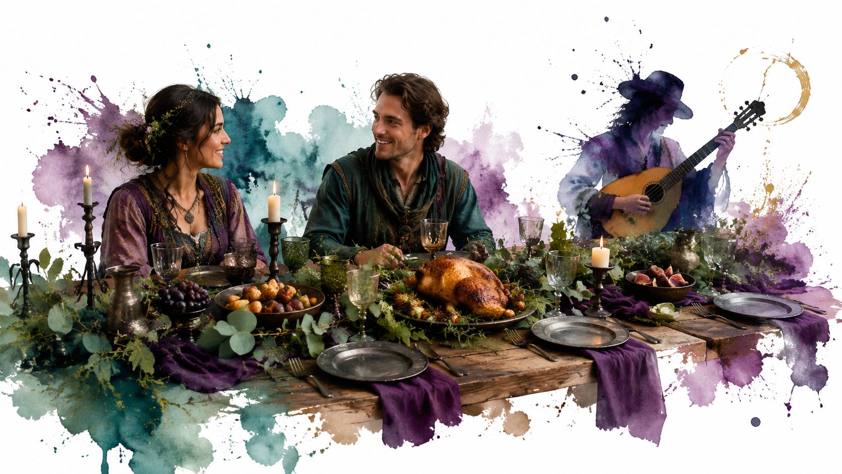A couple dining at a rustic wooden table featuring medieval decor and a musician playing a lute.