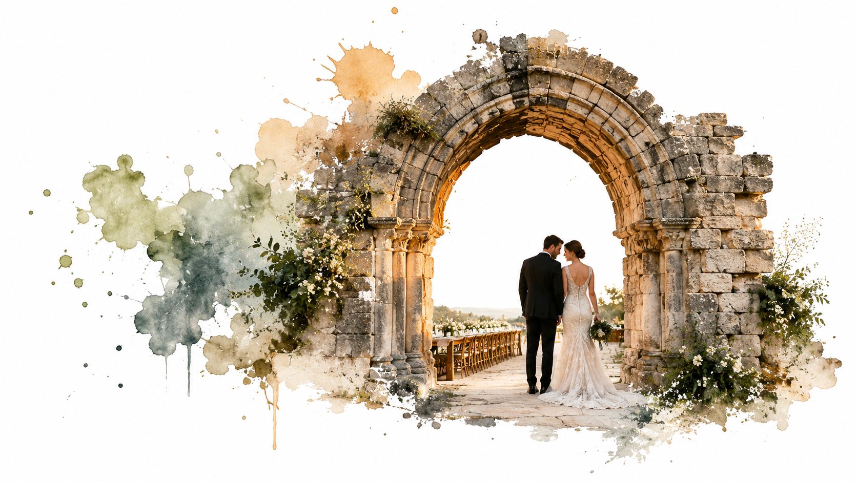 A bride and groom walk hand in hand through a historic stone archway at a romantic outdoor wedding.