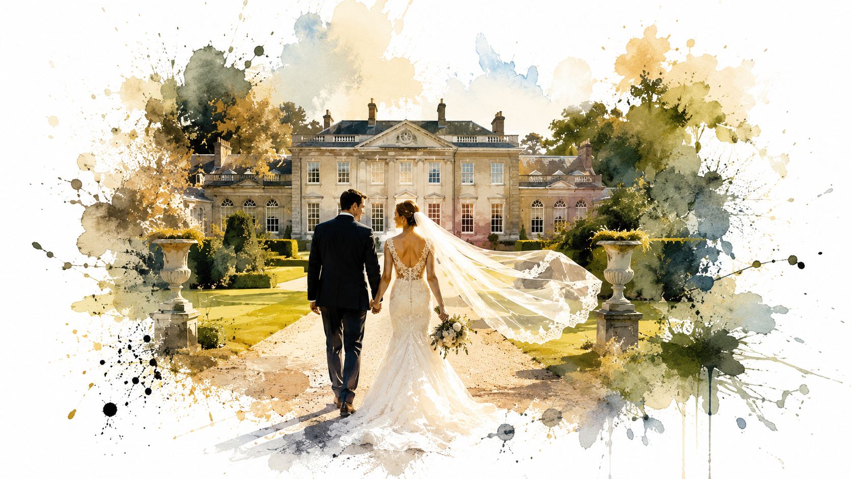 A newlywed couple walking hand-in-hand toward a grand country estate, featuring a watercolor artistic effect style.