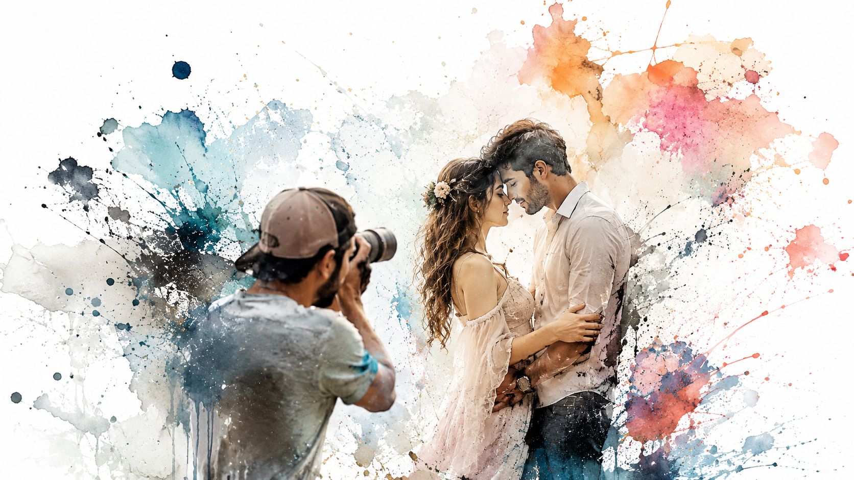A photographer capturing a romantic couple posing intimately during a professional outdoor photoshoot with watercolor effects.