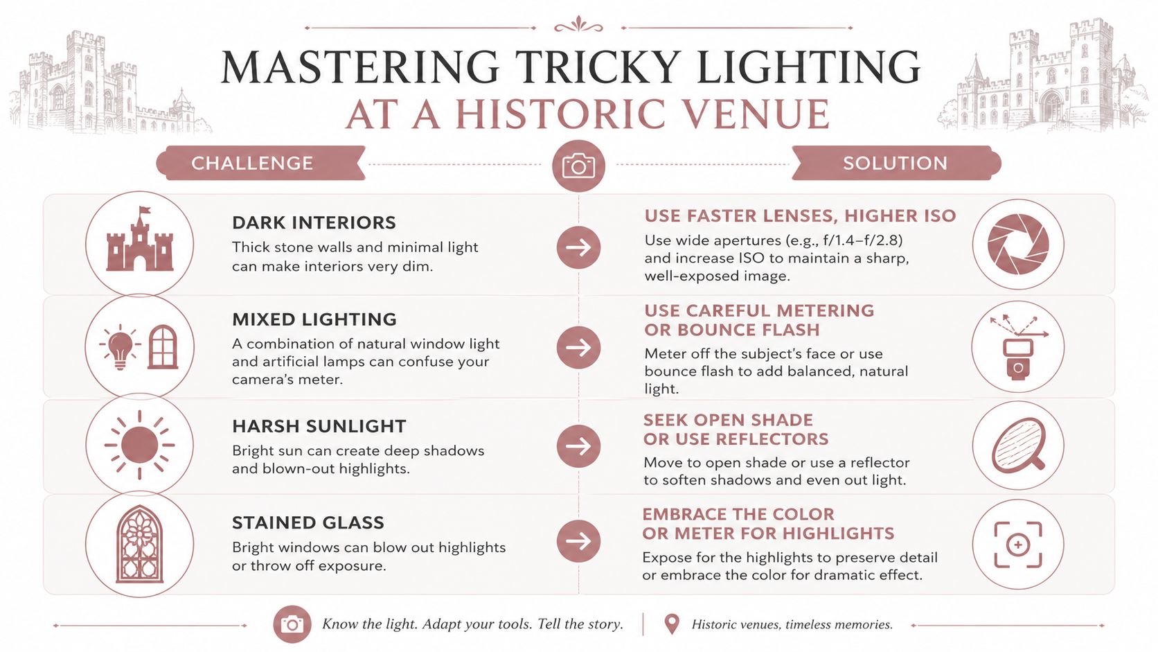 An infographic detailing professional photography solutions for challenges encountered in historic indoor and outdoor wedding venues.