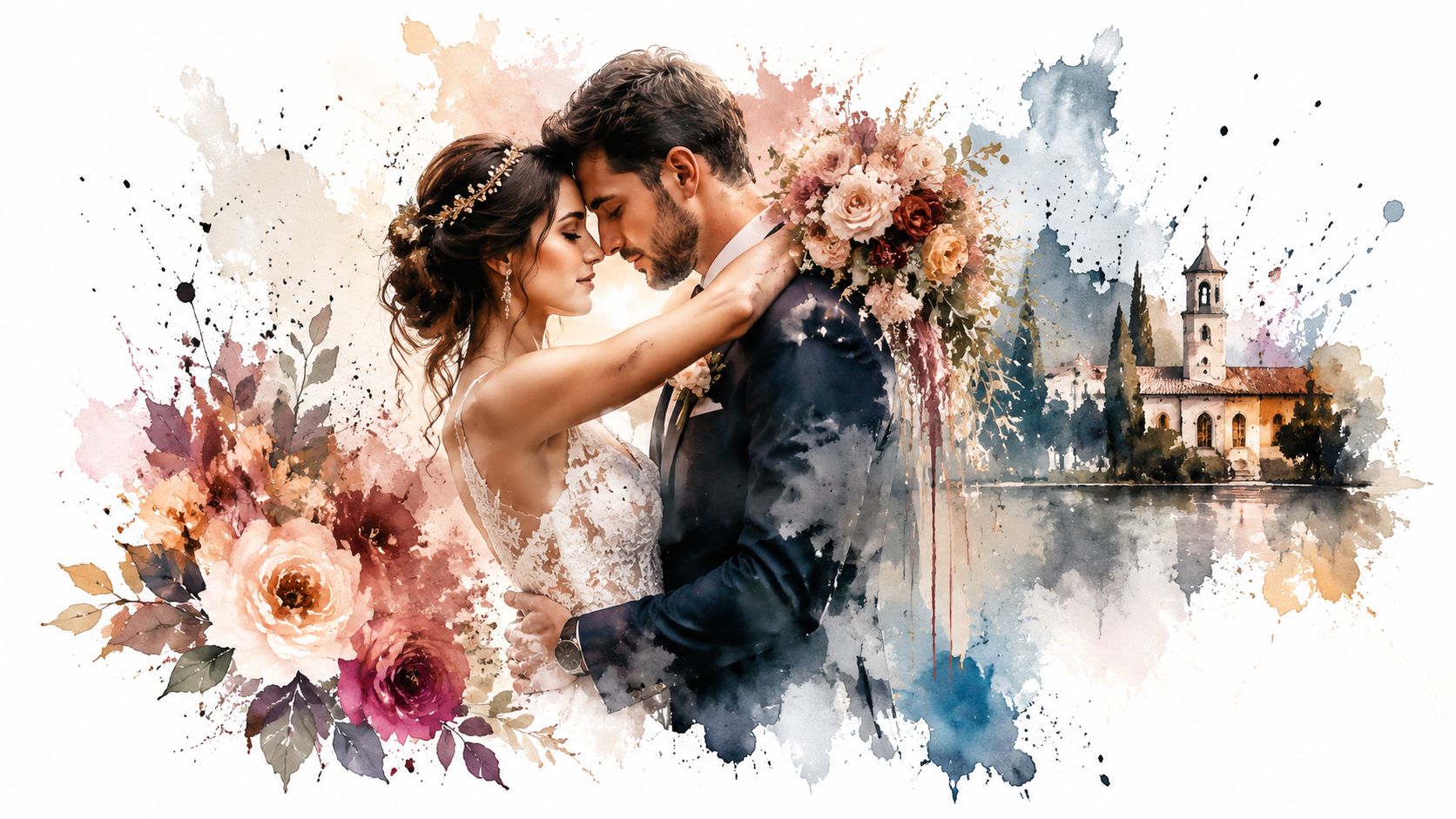 A romantic watercolor painting of a newlywed couple embracing with a scenic Italian villa in the background.