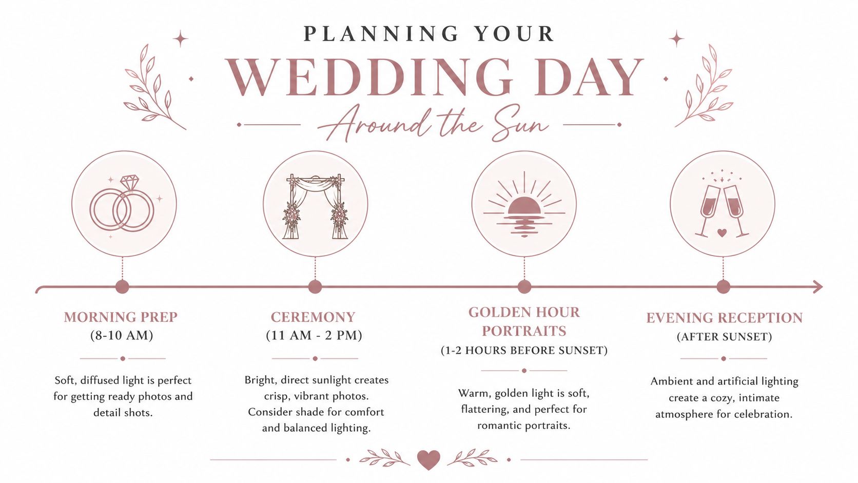 A wedding day photography timeline infographic showcasing how natural light affects different parts of the ceremony.