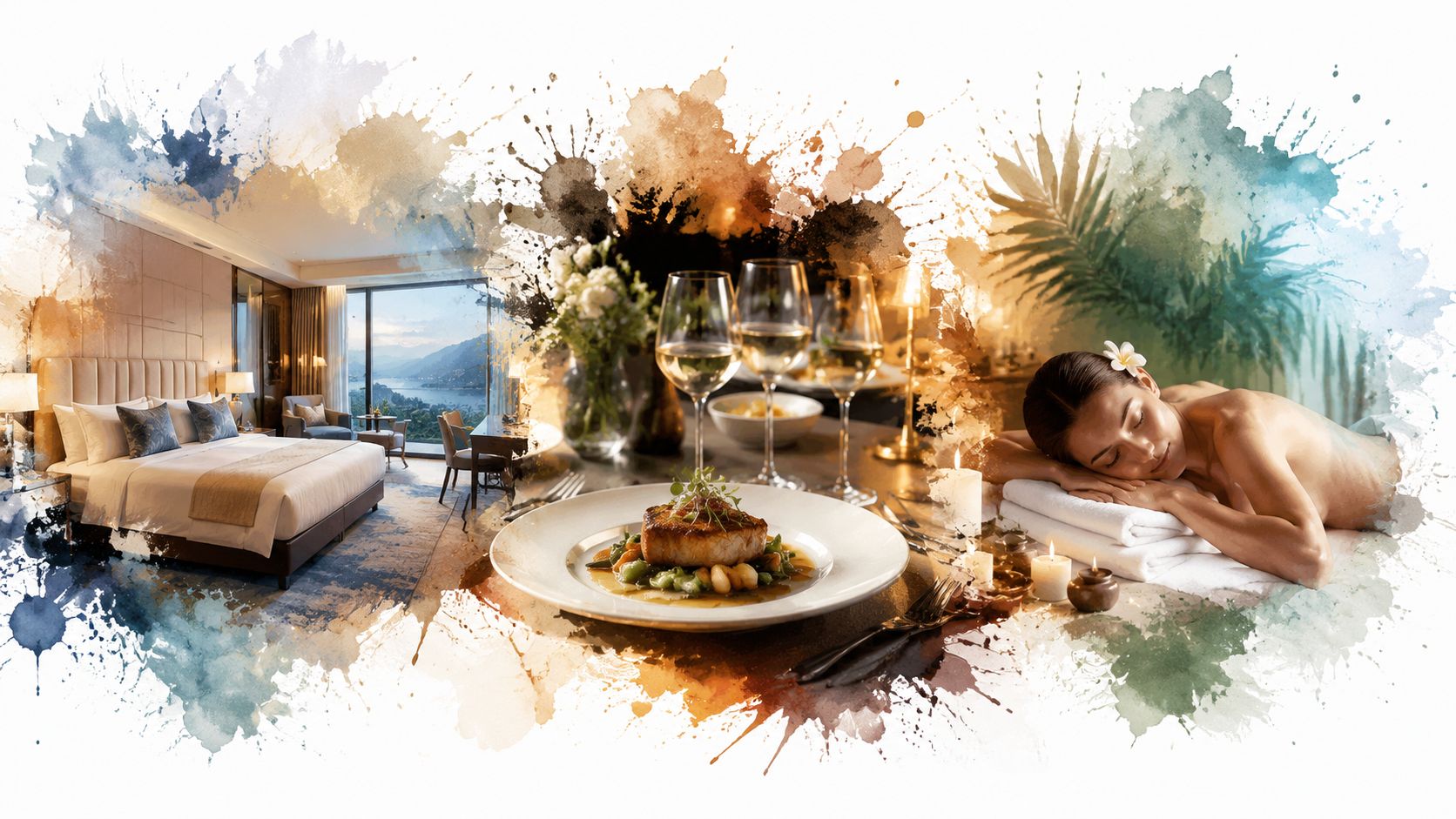 A luxurious collage featuring an elegant hotel bedroom, gourmet dining, and a serene spa treatment experience.
