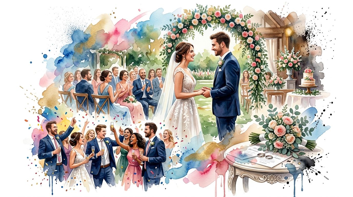 A watercolor illustration of a beautiful wedding ceremony with guests celebrating and a bride and groom