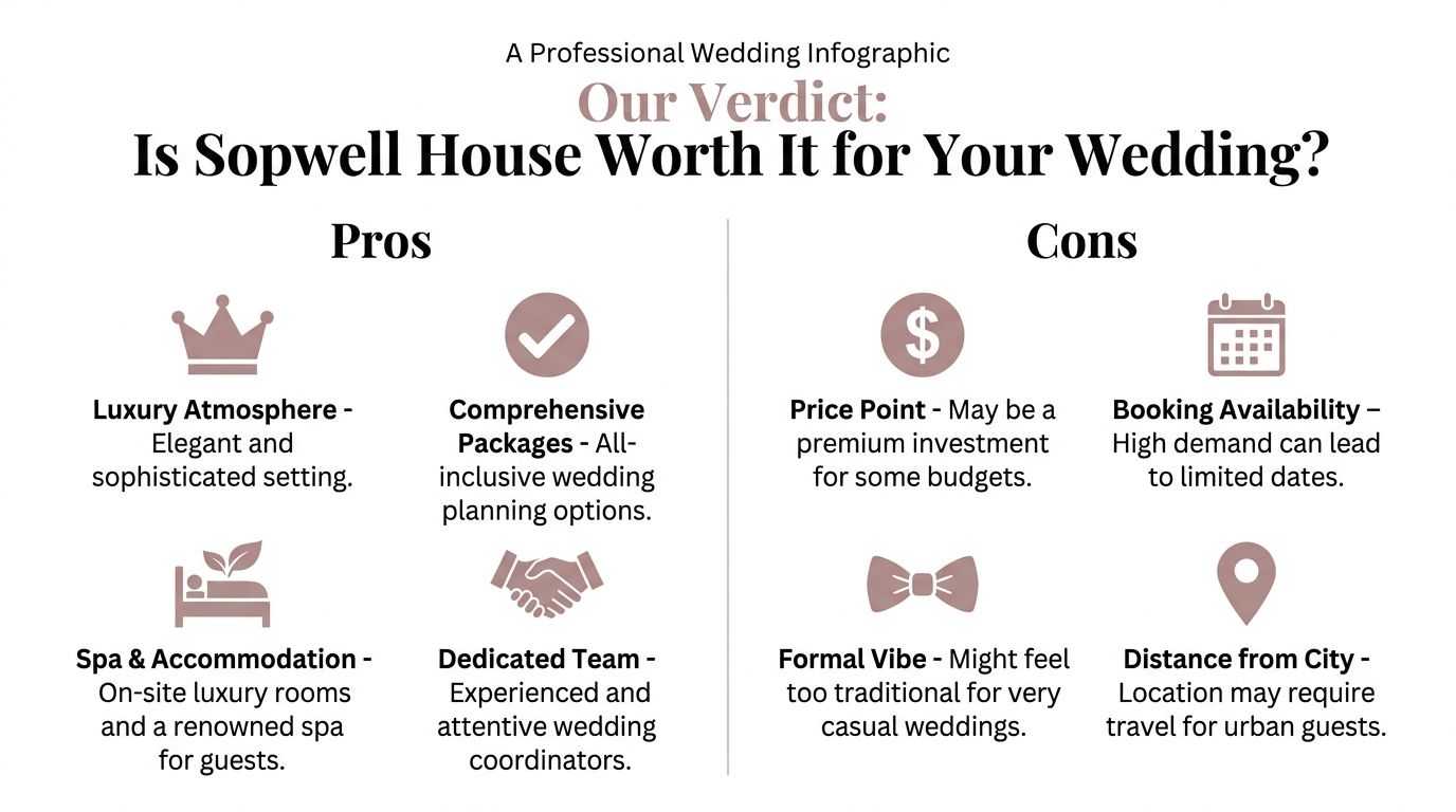 An infographic summarizing the pros and cons of hosting a wedding at the luxury Sopwell House venue.