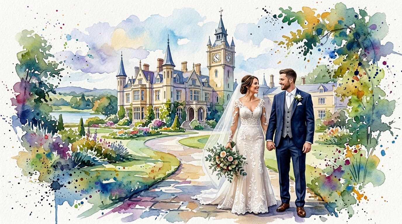 A watercolor illustration of a wedding couple walking hand in hand in front of a grand manor house.
