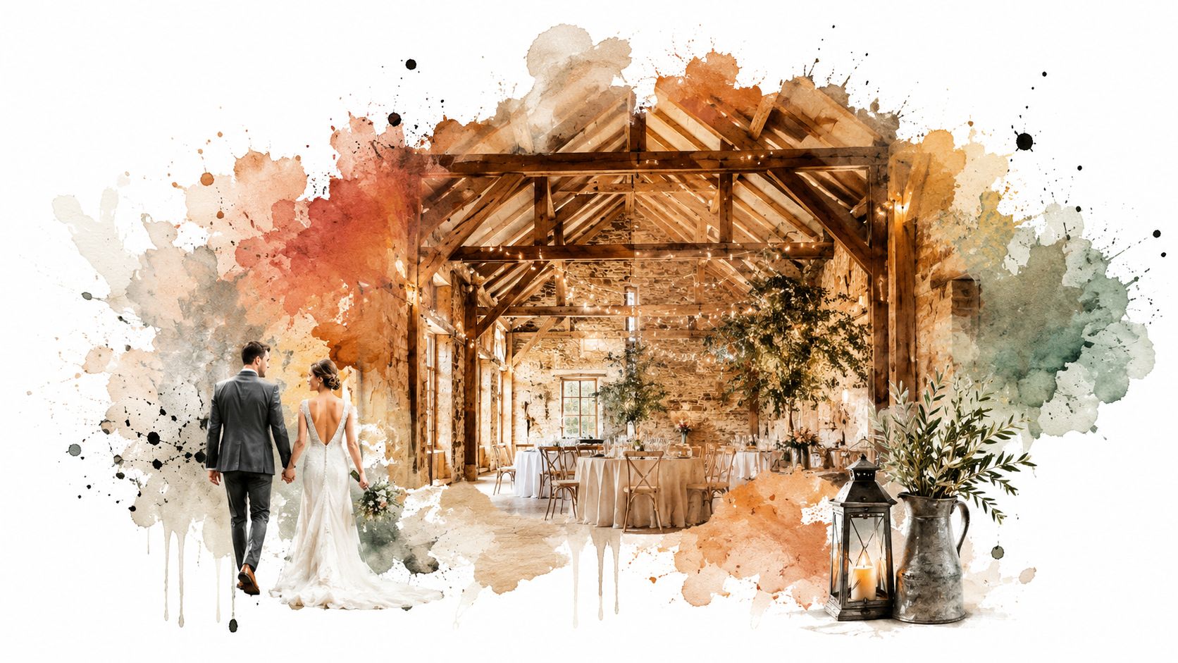 A newlywed couple walking hand-in-hand towards a rustic barn wedding venue decorated with fairy lights.