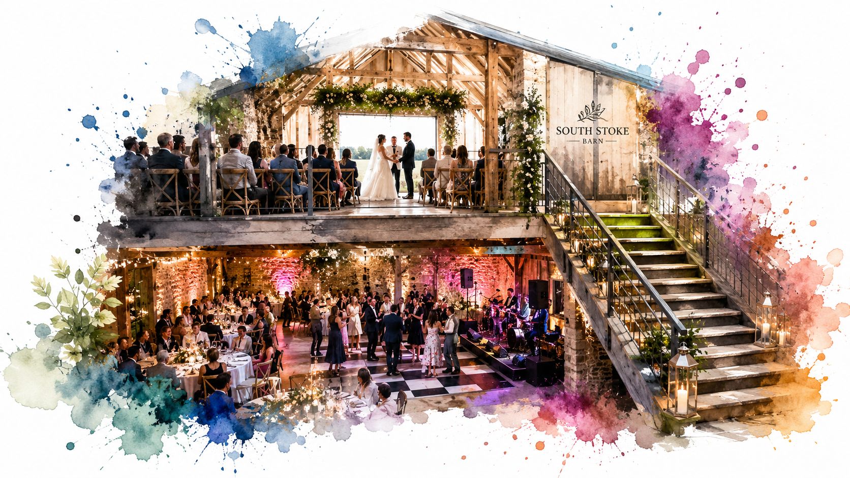 A dual-layered artistic composite of South Stoke Barn, showing a wedding ceremony upstairs and a reception downstairs.
