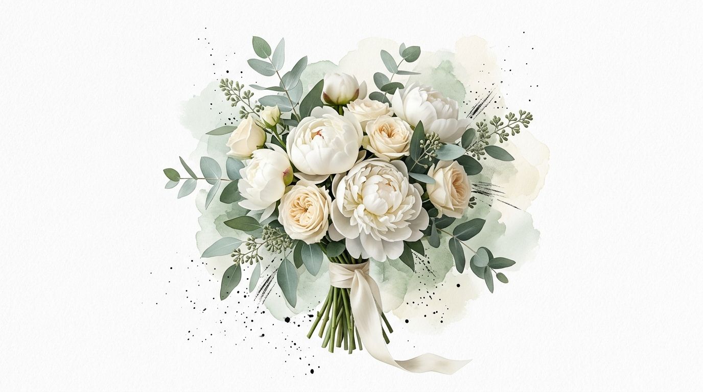 A beautiful bouquet of white peonies and eucalyptus leaves set against a delicate green watercolor background.