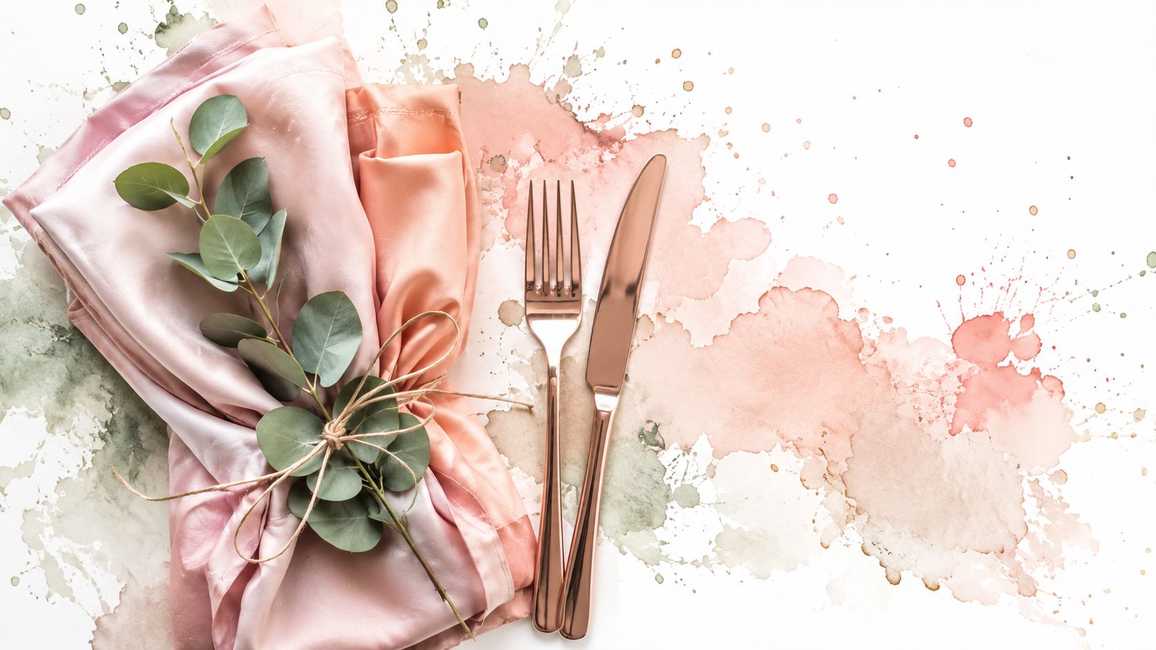A sophisticated table setting featuring a silk napkin, eucalyptus sprigs, and rose gold cutlery on watercolor background.