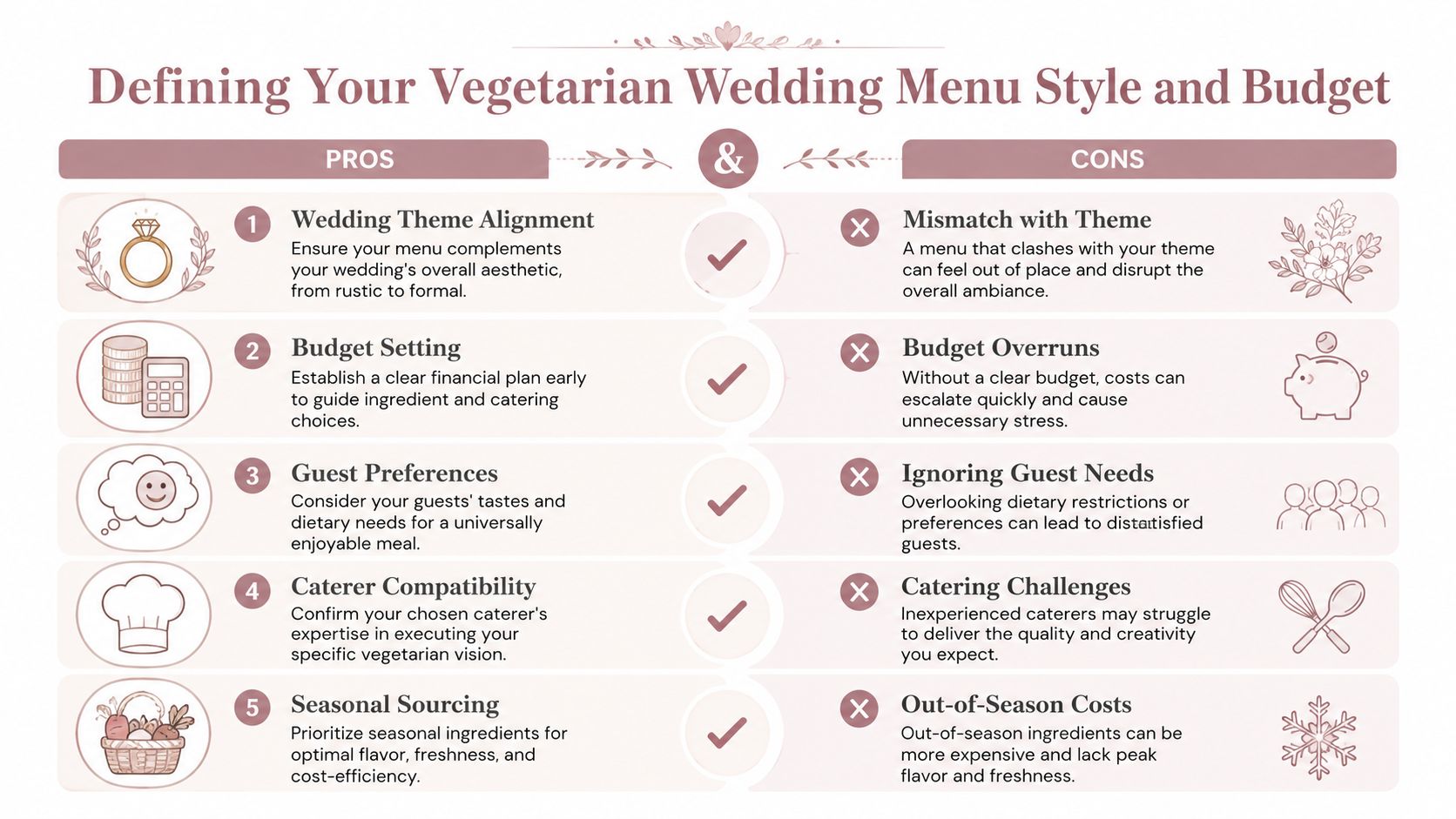 A comparison chart outlining the pros and cons of defining a vegetarian wedding menu style and budget.