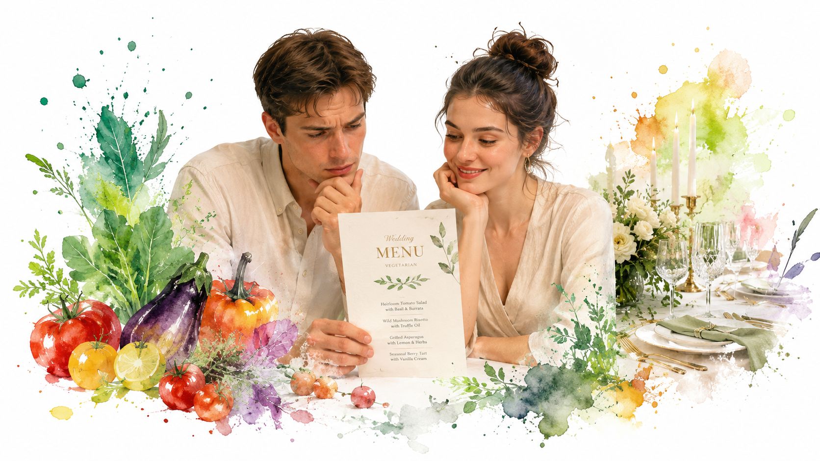 A couple looking at a vegetarian wedding menu surrounded by artistic watercolor illustrations of fresh vegetables.
